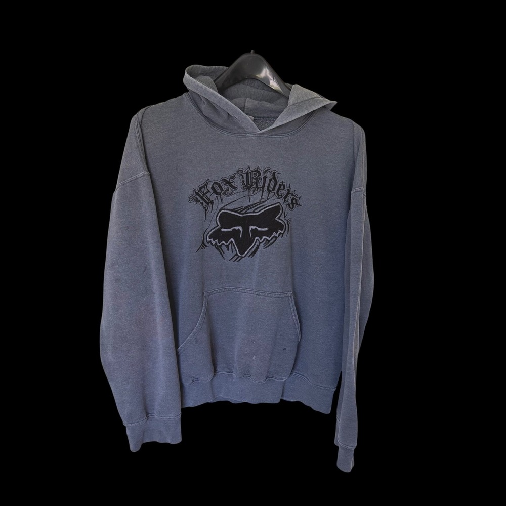 Y2K Fox Racing Fox Riders Hoodie Large Gray Embroidered Pullover Distressed